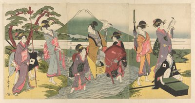 Jeune homme et son groupe traversant un ruisseau avant le Mont Fuji - Kitagawa Utamaro