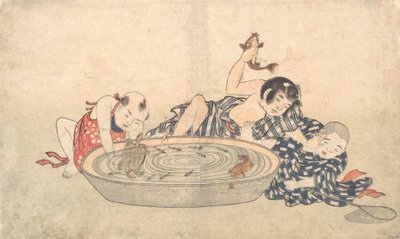 Garçons jouant avec un bassin de poissons et de tortues - Kitao Shigemasa