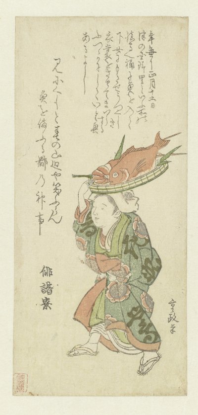 Femme portant un plateau de poissons sur la tête - Kitao Shigemasa