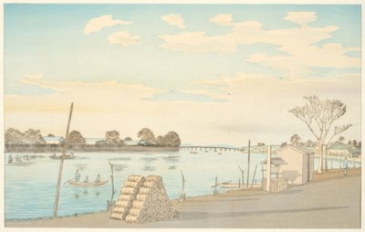 Ferry avec vue sur le mont Fuji, la rivière Okawa - Kiyochika Kobayashi