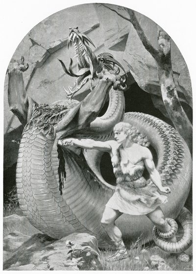 Siegfried terrassant le dragon (lithographie) - Konrad Dielitz