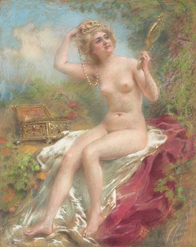Nu assis se regardant dans un miroir - Konstantin Makovsky