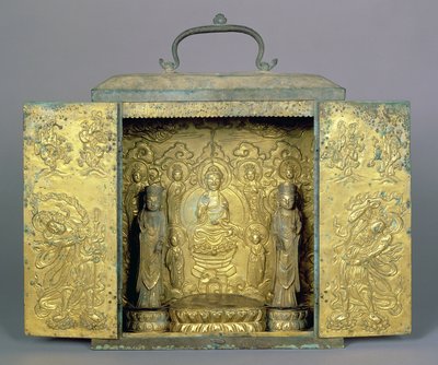 Sanctuaire bouddhiste portable avec deux Bodhisattvas debout, une triade bouddhiste et une figure de gardien, dynastie Koryo - Korean School