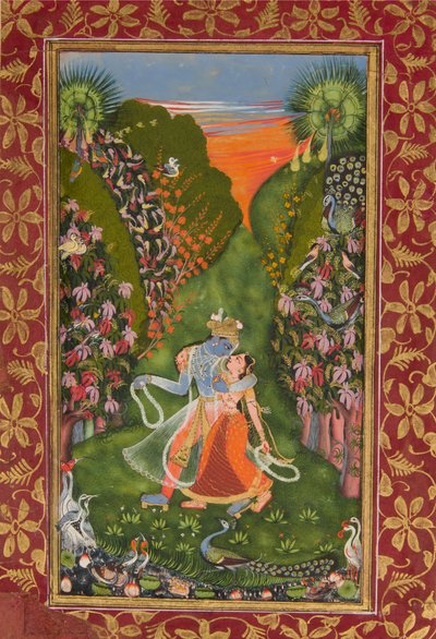 Radha et Krishna marchent dans un bosquet fleuri (recto), Krishna jouant de la flûte (verso), vers 1720 (recto), vers 1750-75 (verso) - Kota Master