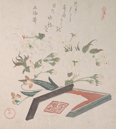 Fleurs de cerisier et boîte à sceau avec encre et règle, 19e siècle - Kubo Shunman
