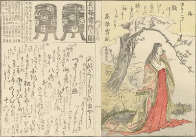 Dame de cour sous un vieux prunier, deux cabinets laqués pour le jeu de correspondance des coquillages - Kubo Shunman