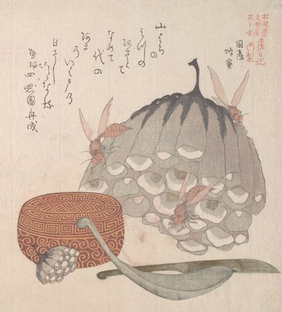 Ruches avec guêpes et une boîte avec une cuillère pour le miel - Kubo Shunman