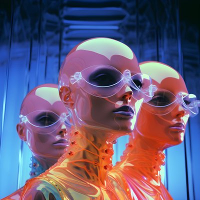 6 femmes avec des masques en plastique fluorescents paramétriques 3D dans une architecture futuriste surréaliste et paramétrique, 1 - Kurt Heppke