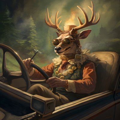 un cerf avec un cigare dans la bouche conduisant une voiture décapotable 1 - Kurt Heppke