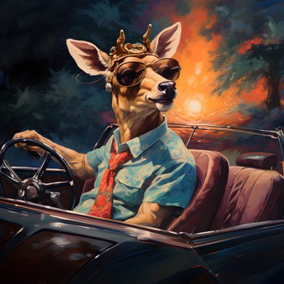un cerf avec un cigare dans la bouche conduisant une voiture décapotable 4 - Kurt Heppke