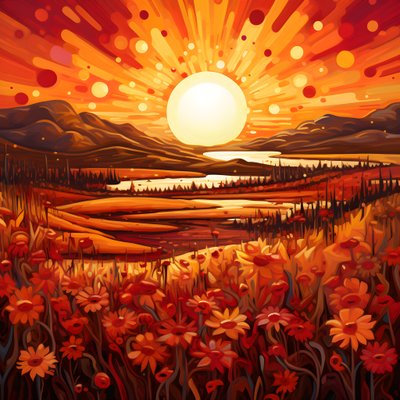 Art paysager abstrait avec un champ de fleurs sauvages et un soleil rouge vif 2 - Kurt Heppke