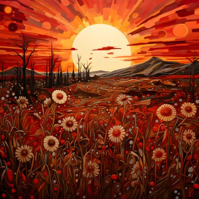 Art paysager abstrait avec un champ de fleurs sauvages et un soleil rouge vif 3 - Kurt Heppke