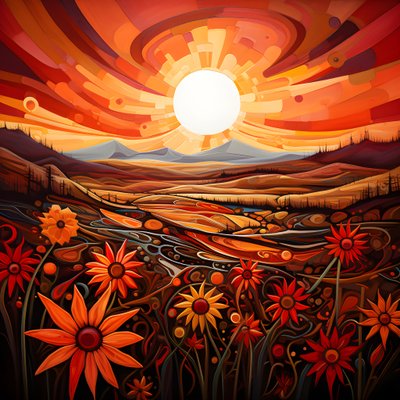 Art paysager abstrait avec un champ de fleurs sauvages et un soleil rouge vif 4 - Kurt Heppke