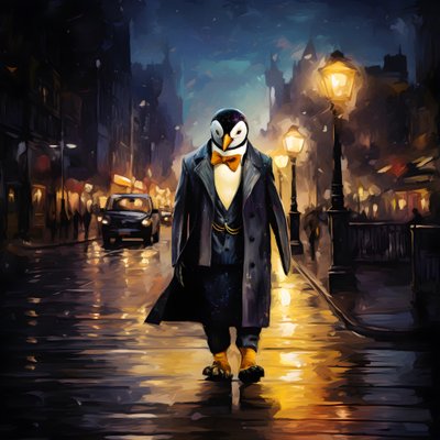 Un pingouin en costume marche dans la rue 3 - Kurt Heppke