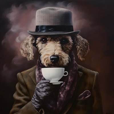 Un caniche cultivé boit une tasse de thé, porte un col roulé et une casquette plate, fond enfumé 3 - Kurt Heppke