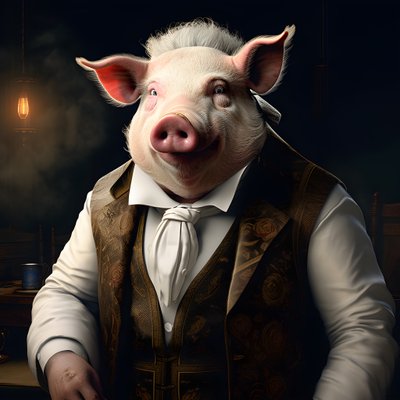 propriétaire de plantation de porcs anthropomorphe, yeux perçants, corps gras et potelé, cigare à la main, costume blanc élégant, montre de poche en chaîne, monocle, chapeau de feutre blanc, gros plan - Kurt Heppke
