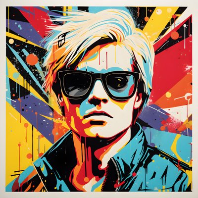 Portrait Pop Art, demi-corps, coloré, graphique, matin, dans le style de Andy Warhol, Roy Lichtenstein, Robert Rauschenberg, Jasper Johns, Keith Haring - Kurt Heppke