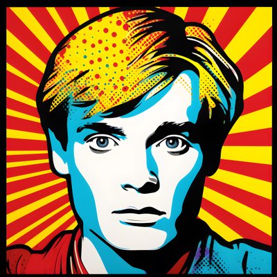Portrait Pop Art, demi-corps, coloré, graphique, matin, dans le style de Andy Warhol, Roy Lichtenstein, Robert Rauschenberg, Jasper Johns, Keith Haring - Kurt Heppke