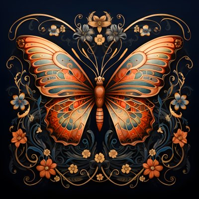 papillon au centre, symétrique, avec des fleurs en arrière-plan 1 - Kurt Heppke