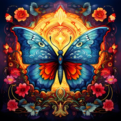 papillon au centre, symétrique, avec des fleurs en arrière-plan 2 - Kurt Heppke