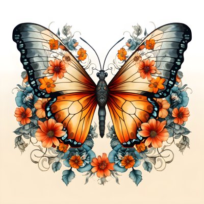 papillon au centre, symétrique, avec des fleurs en arrière-plan 3 - Kurt Heppke