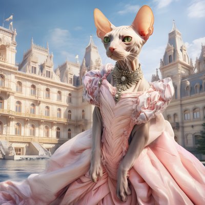 Chat Sphynx en robe de bal devant un magnifique palais de style médiéval 2 - Kurt Heppke