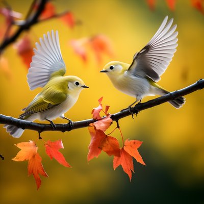 Deux adorables oiseaux à lunettes verts déploient leurs ailes et volent dans les feuilles d