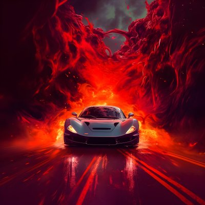une voiture de luxe est conduite sur un chemin avec un fond rouge lumineux 2 - Kurt Heppke