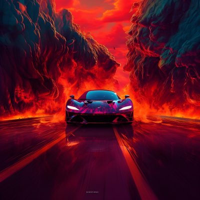 une voiture de luxe est conduite sur un chemin avec un fond rouge lumineux 3 - Kurt Heppke