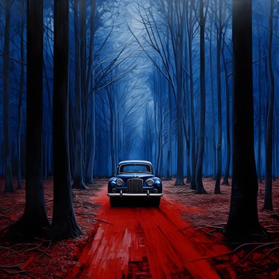 voiture bleue dans une forêt rouge 1 - Kurt Heppke