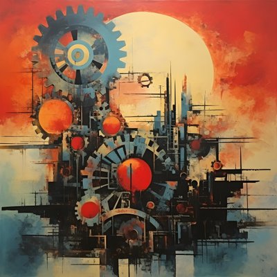 Engrenages et outils lever de soleil abstrait années 1950 2 - Kurt Heppke