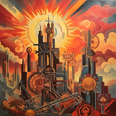 Engrenages et outils lever de soleil abstrait années 1950 4 - Kurt Heppke