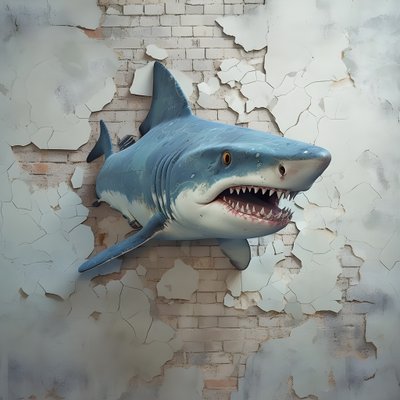 Un requin bleu avec un visage peint sur un vieux mur - Kurt Heppke
