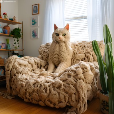 un grand chat crocheté dans un salon réaliste 3 - Kurt Heppke