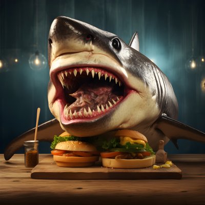 grand cheeseburger à tête de requin avec du bœuf sur une planche en bois 3 - Kurt Heppke