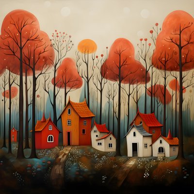 quatre maisons rouges dans la forêt 1 - Kurt Heppke