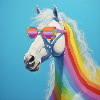 cheval blanc avec lunettes arc-en-ciel sur fond bleu 2 - Kurt Heppke