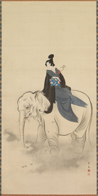 Courtisane chevauchant un éléphant Parodie du Bodhisattva Fugen - Kuwagata Keisai