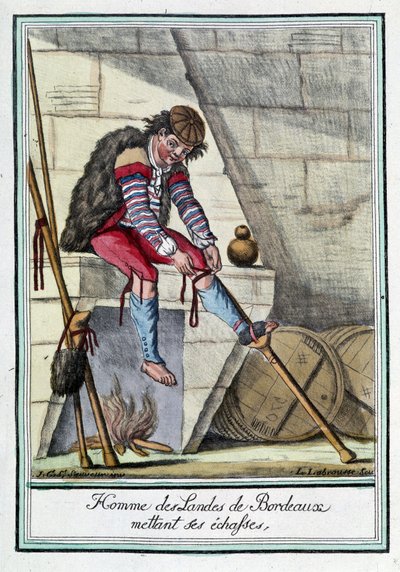 Homme des Landes de Bordeaux mettant ses échasses - L.F. Labrousse