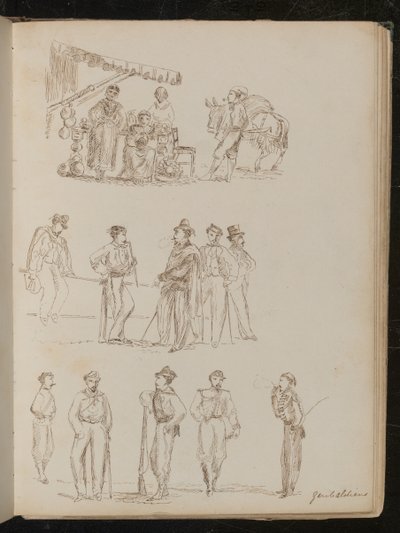 Étal de fruits sous un auvent avec des femmes et un homme fumant, étude de cinq messieurs, étude de cinq soldats étiquetés 