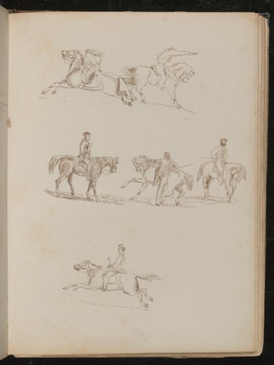 Six études de chevaux avec divers cavaliers masculins dans diverses poses, un avec un pistolet levé - Lady  Butler
