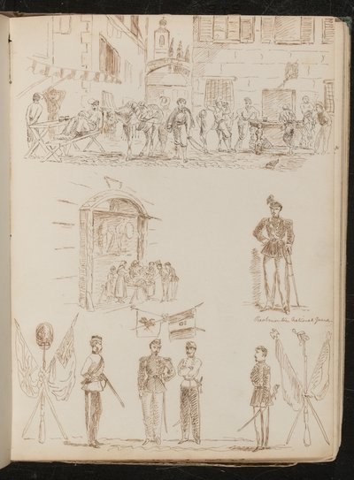 Scène de ville avec des soldats buvant, étude d