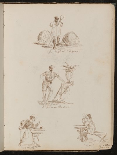 "Paysanne anglaise", "Paysanne génoise", étude de figures dans des tavernes inscrites "Battista" et "Bile", lieu et date "20 juin" - Lady Butler