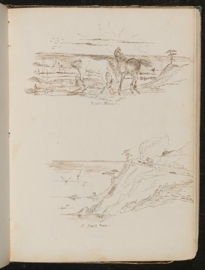 Étude de deux chevaux dans un paysage inscrit "Chevaux sauvages", étude de scène côtière et de falaise inscrite "une route en zigzag" - Lady Butler