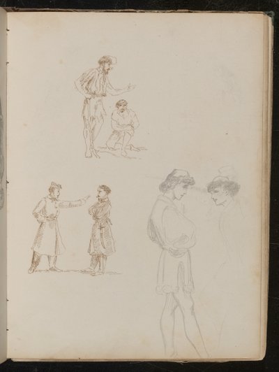 Deux études à la plume de paires de soldats en conversation, une étude au crayon de deux jeunes hommes en conversation - Lady Butler
