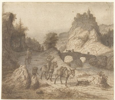 Paysage montagneux avec château et personnages - Lambert Doomer