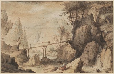 Dessinateur sur une pierre devant un pont - Lambert Doomer