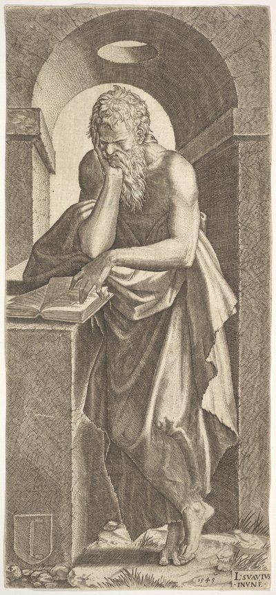 Saint Simon devant un livre ouvert avec les doigts de sa main gauche pressés sur le..., 1545 - Lambert Suavius