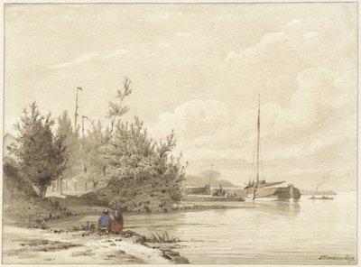Paysage avec bateaux amarrés sur une rive - Lambertus  Hardenberg