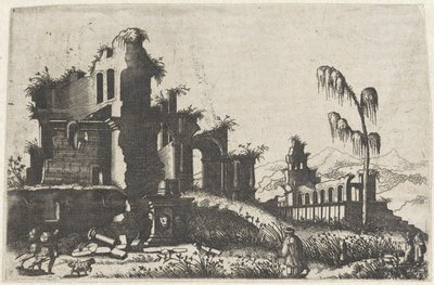 Paysage avec ruines couvertes de végétation et voyageurs - Lambertus Suavius